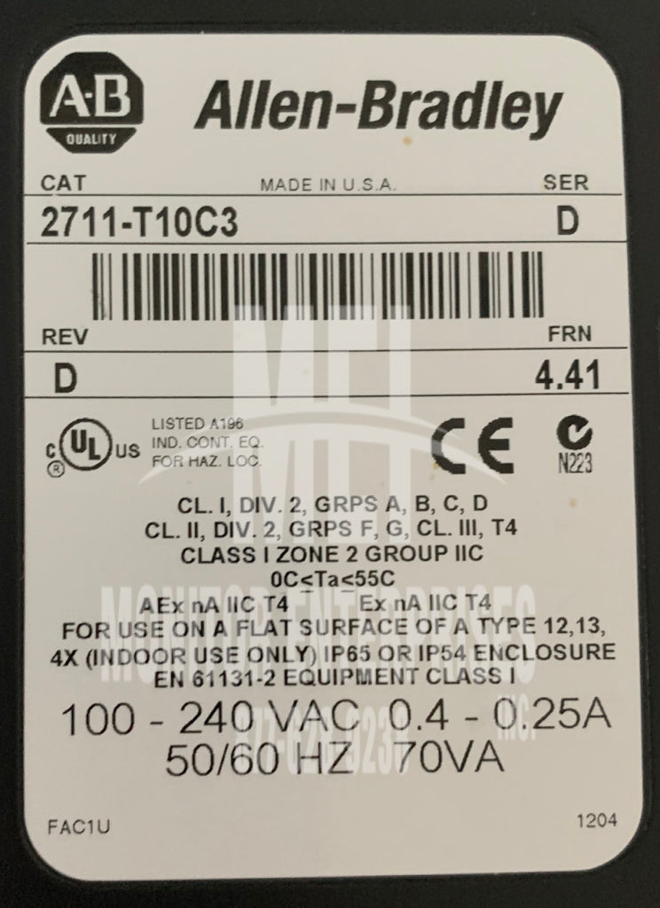 2711-T10C3 PANELVIEW 1000 ALLEN-BRADLEY 2711-T10C3 PANELVIEW 1000 COLOR COMPRESSOR TOUCHSCREEN