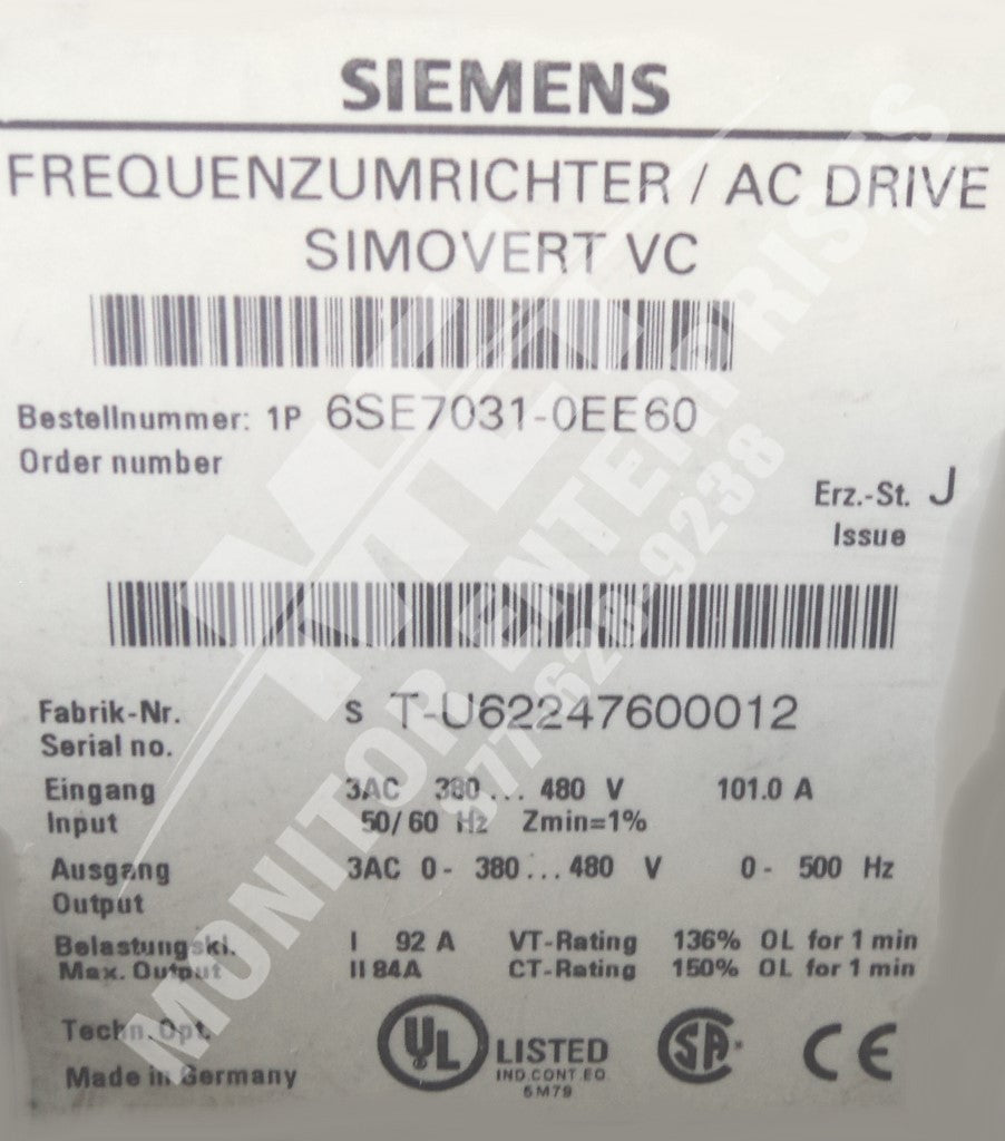 6SE7031-0EE60 SIEMENS 6SE7031-0EE60 SIMOVERT MASTER DRIVE Compressor Controller