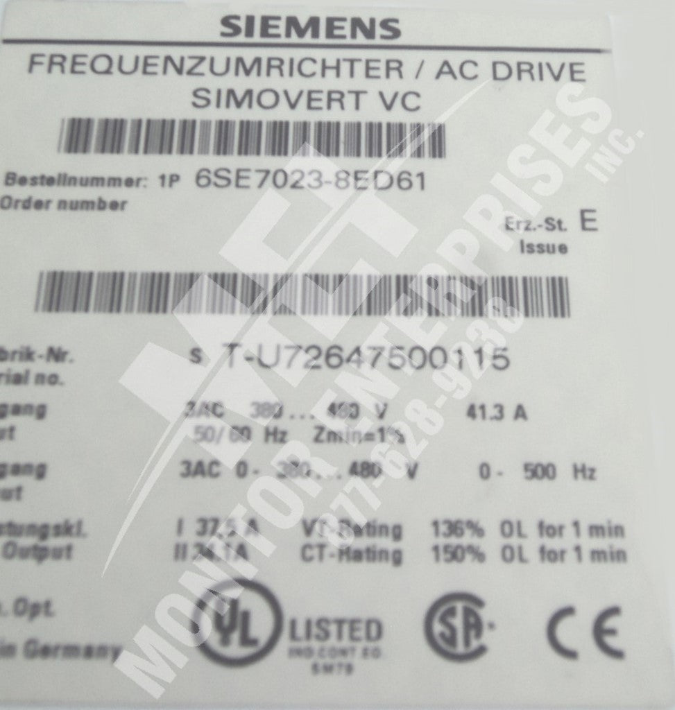 6SE7023-8ED61 SIEMENS 6SE7023-8ED61 SIMOVERT MASTERDRIVE Air Compressor Controller